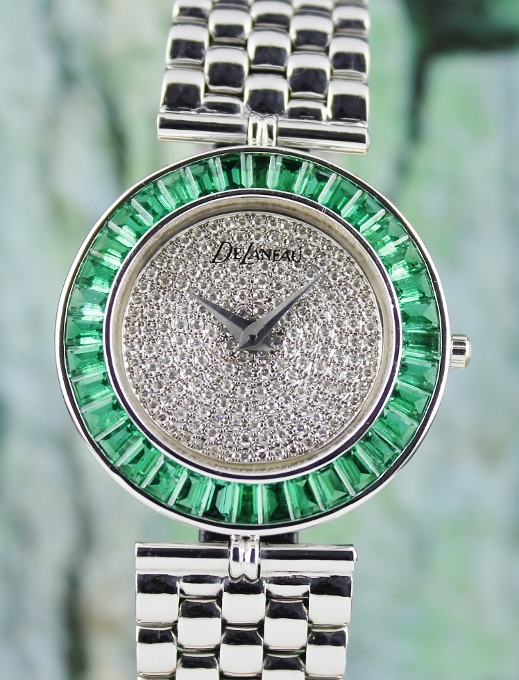 (image for) A 100% ORIGINAL DELANEAU 18K YWHITE GOLD DIAMOND AND EMERALD WATCH